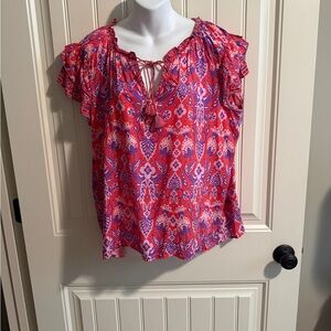 Rose & Olive  Womens Pink & Purple Printed Tie-Neck Top